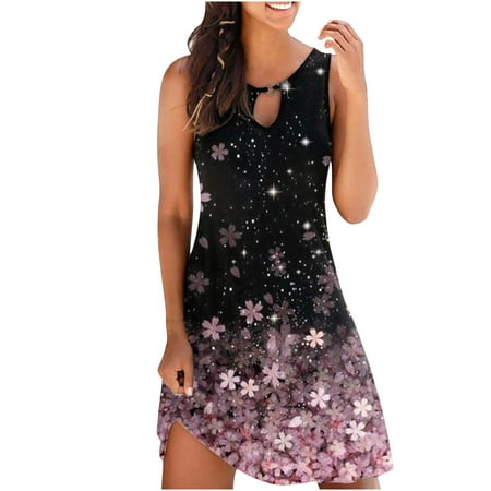 

Womens Sleeveless Dress Slimming Round Neck Cut out Swing Mini Dress Summer Casual Print Sundress Going out Dresses