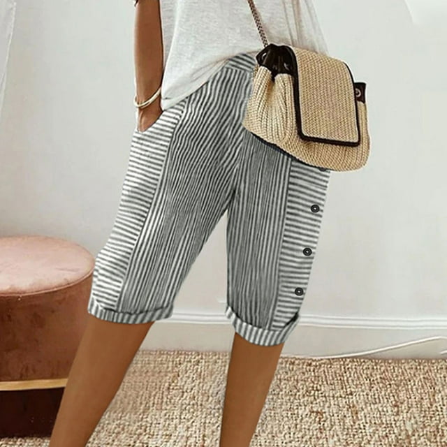 DPTALR Women's Summer Woven Striped Patchwork Button Loose Cotton Linen Casual Capris