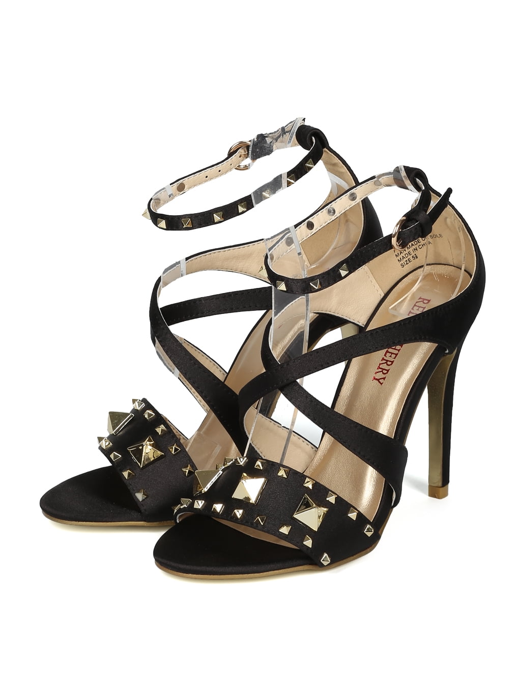 Women Satin Open Toe Pyramid Spike Strappy Stiletto Sandal HI24