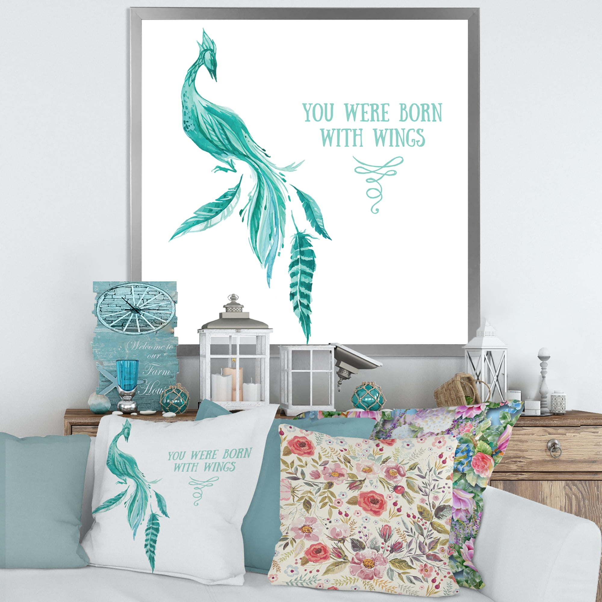 Designart 'Turquoise Bird You Were Born With Wings' Traditional Framed Art Print