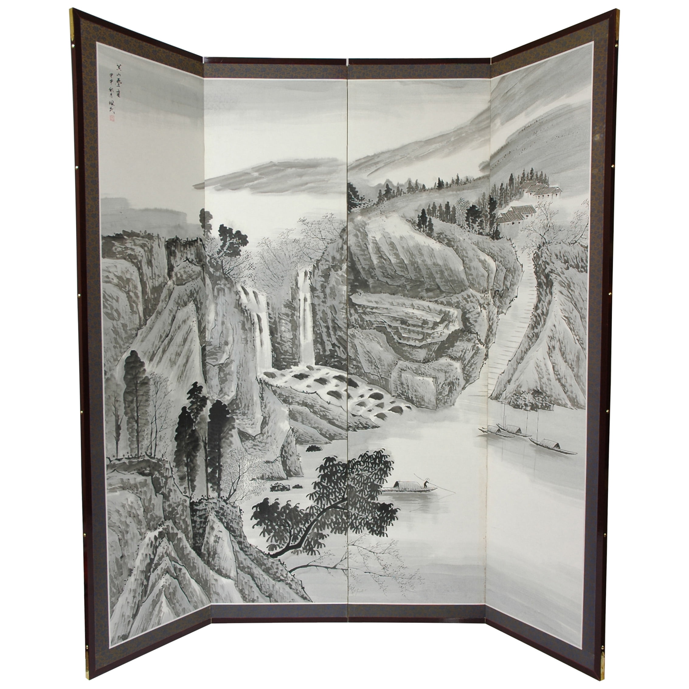 6 ft. Tall Handpainted Chinese Silk and Paper Screen Divider - Misty Mountain