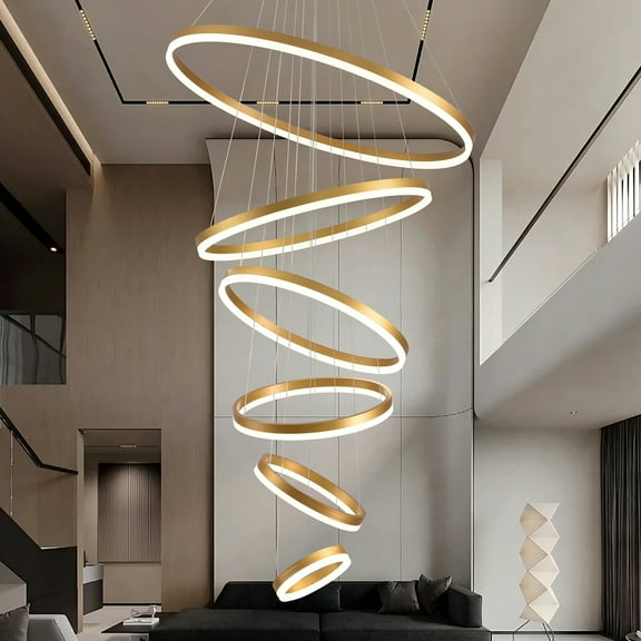 Modern 6-Ring LED Chandelier for High Ceilings, Adjustable Gold Pendant Light with Remote, Dimmable Flush Mount Fixture for Foyer, Entryway, Living Room Dining Room