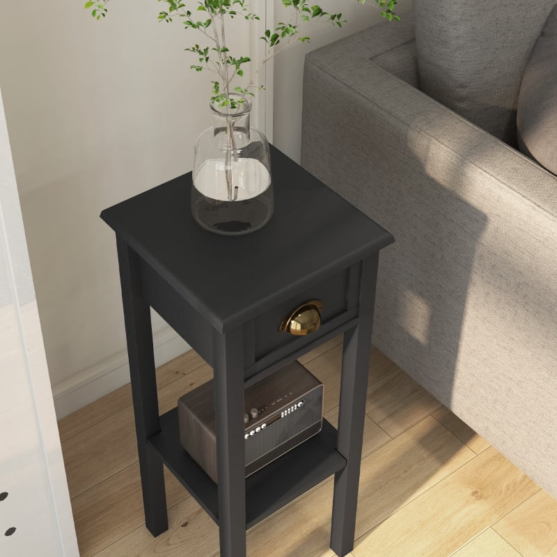 HOQBN 2-Tier Side Tables Set of 2 with Drawer and Shelf, 2-Piece End Table Set for Living Room and Hallway, Black