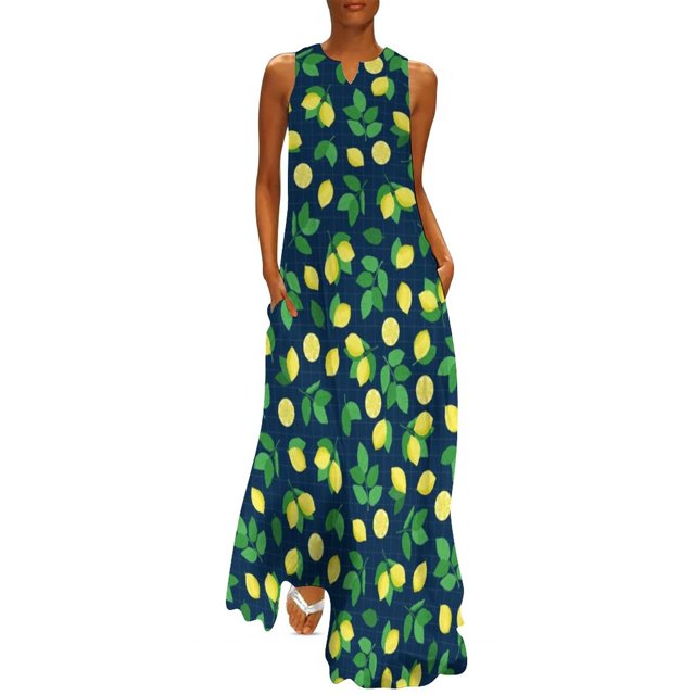 Robe Citron Aquarelle Été Rayures Bleues et Blanches Mode Coréenne Bohemia Longues Robes Design Moderne Maxi Grande Taille
