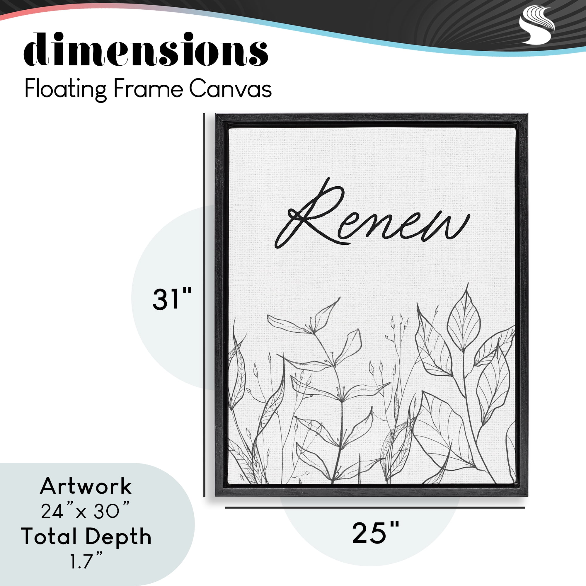 Renew with Leaf Outlines Black Framed Floater Canvas Wall Art, design by Lettered and Lined