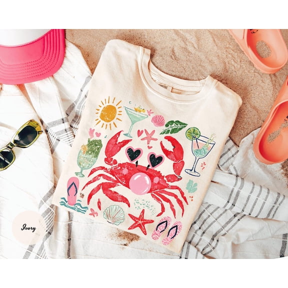 VibeNest Studio Unisex Funny Crab Bubble Gum Beach Vacation Cocktail Summer Garment Dyed Graphic T-Shirt