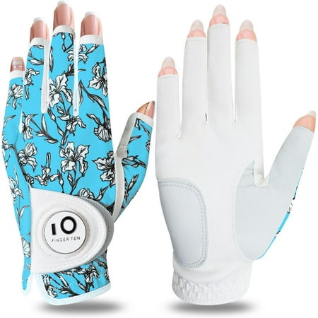 FINGER TEN Golf Gloves Women Left Right Hand Leather with Ball Marker Value Pack Colored Glove for Ladies Right Left Handed Golfer All Weather Grip