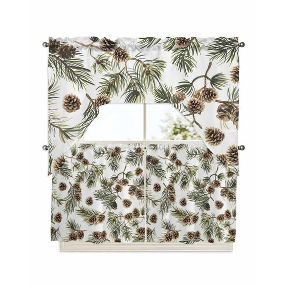 Sage Green Christmas Kitchen Curtains Swag Valance and Tier Curtains Set 24 Inch Length, Pine Cones Xmas Botanical Rod Pocket Drape Panels Pair Swag Curtains for Bathroom/Cafe/Window