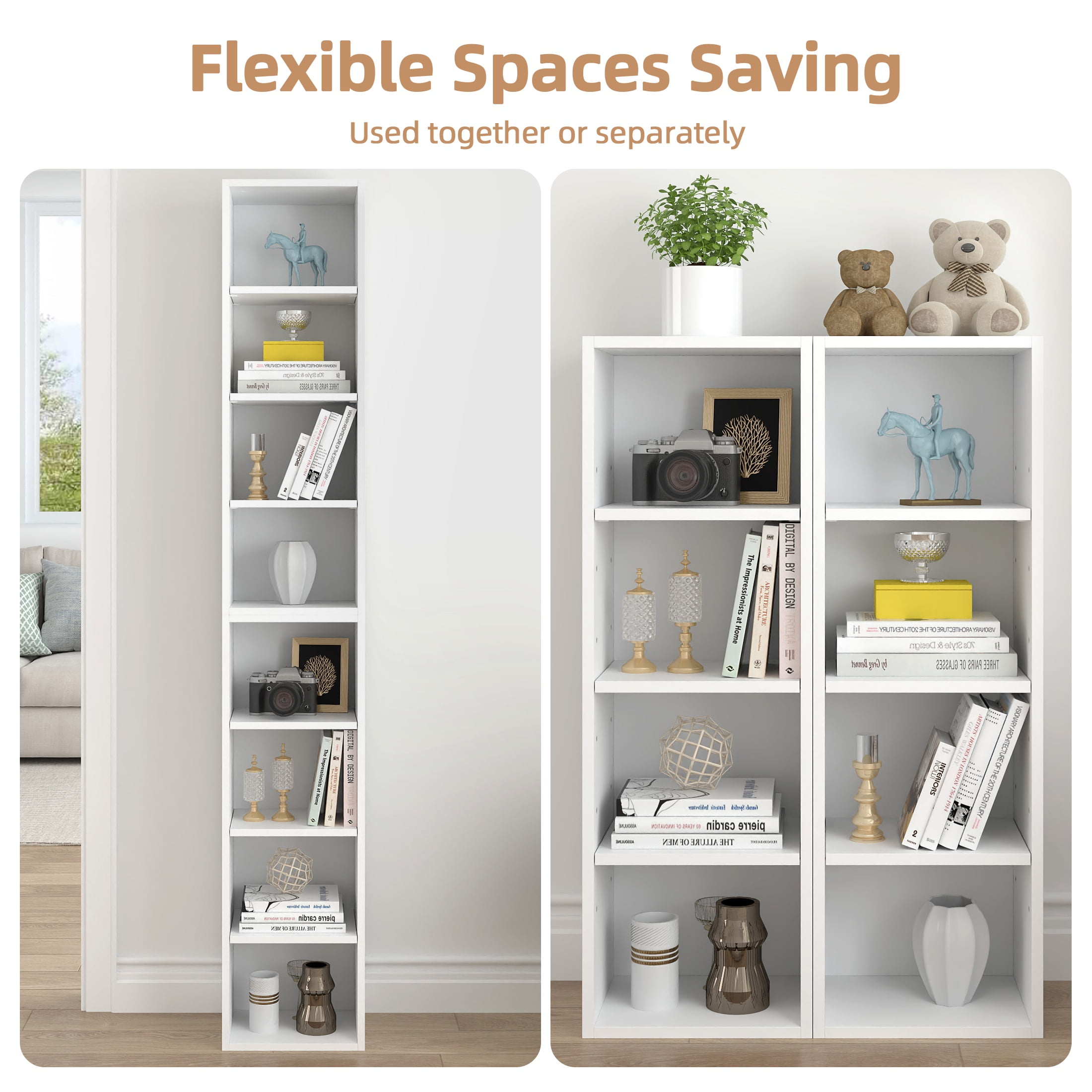 PORKISS 8-Tier White Bookshelf, Wood Open Display Bookshelf with Adjustable Shelves, Tall Narrow Bookcase with Slim Storage, Modern Book Display Shelf Media Tower Rack for Living Room, Home Office