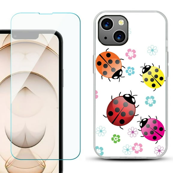 Slim-Fit Flexible TPU Gel Phone Case for iPhone 13, with Tempered Glass Screen Protector, by OneToughShield ® - Ladybug