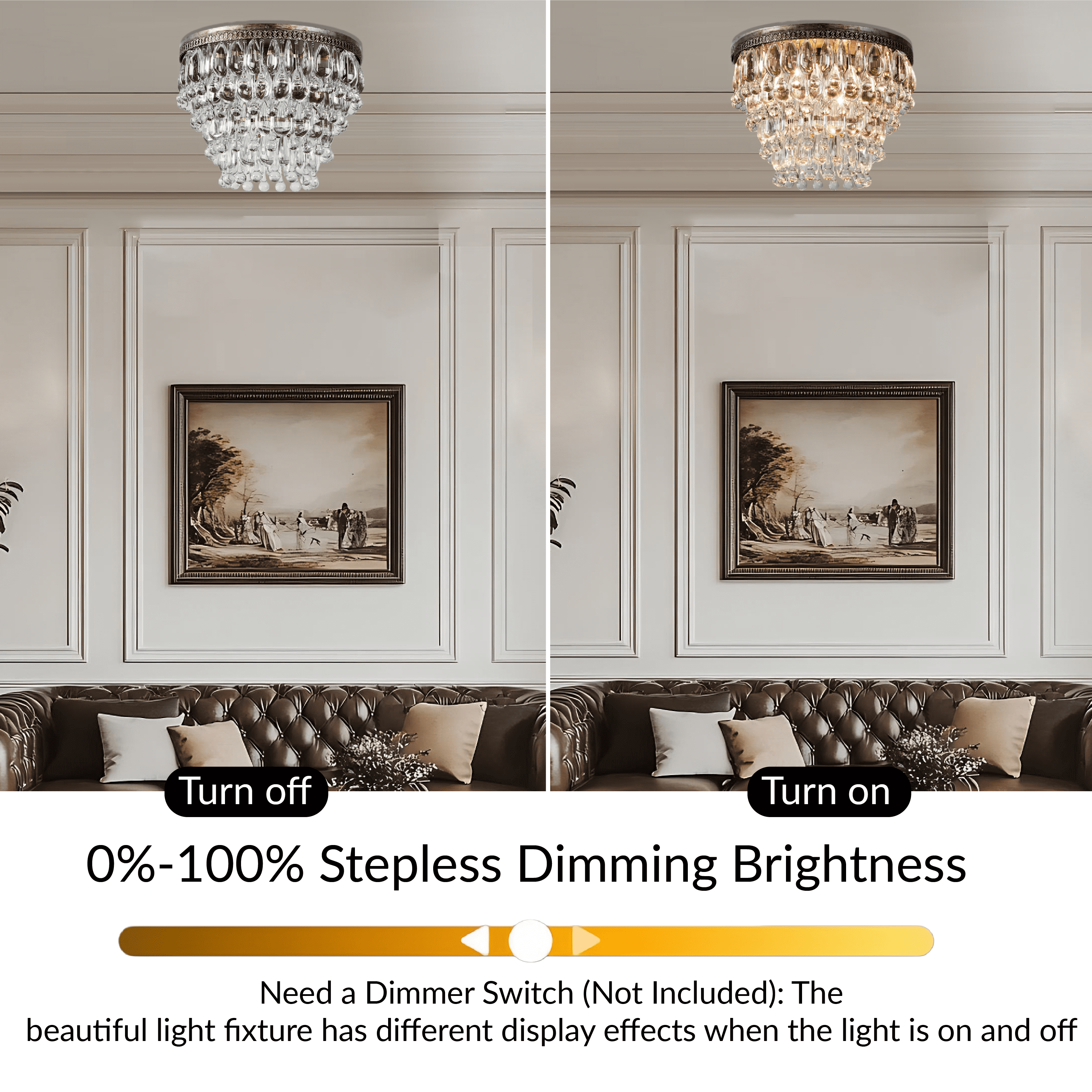 Vintage Antique Bronze Semi Flush Mount, 15 Inch Crystal Droplets Flush Mount Light, Unique Elegant Metal Close to Ceiling Light for Lving Room, Dining Room, Bedroom