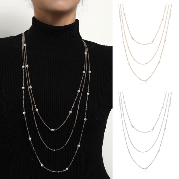 SmartBy Layered Long Necklace for Women Pearl Sweater Strand Chain Necklaces Three-Strand Long Chains Fashion Gifts