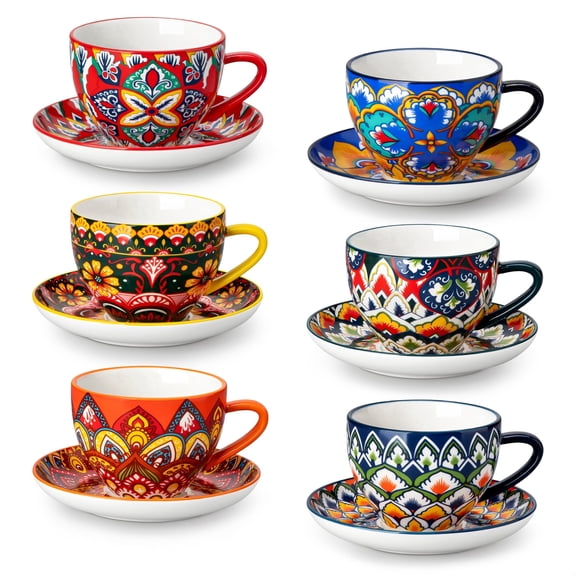 vancasso Ceramic Coffee Cup and Saucer Set of 6, 8 oz Porcelain Espresso Cappuccino Cups with Saucers, Series LUMI