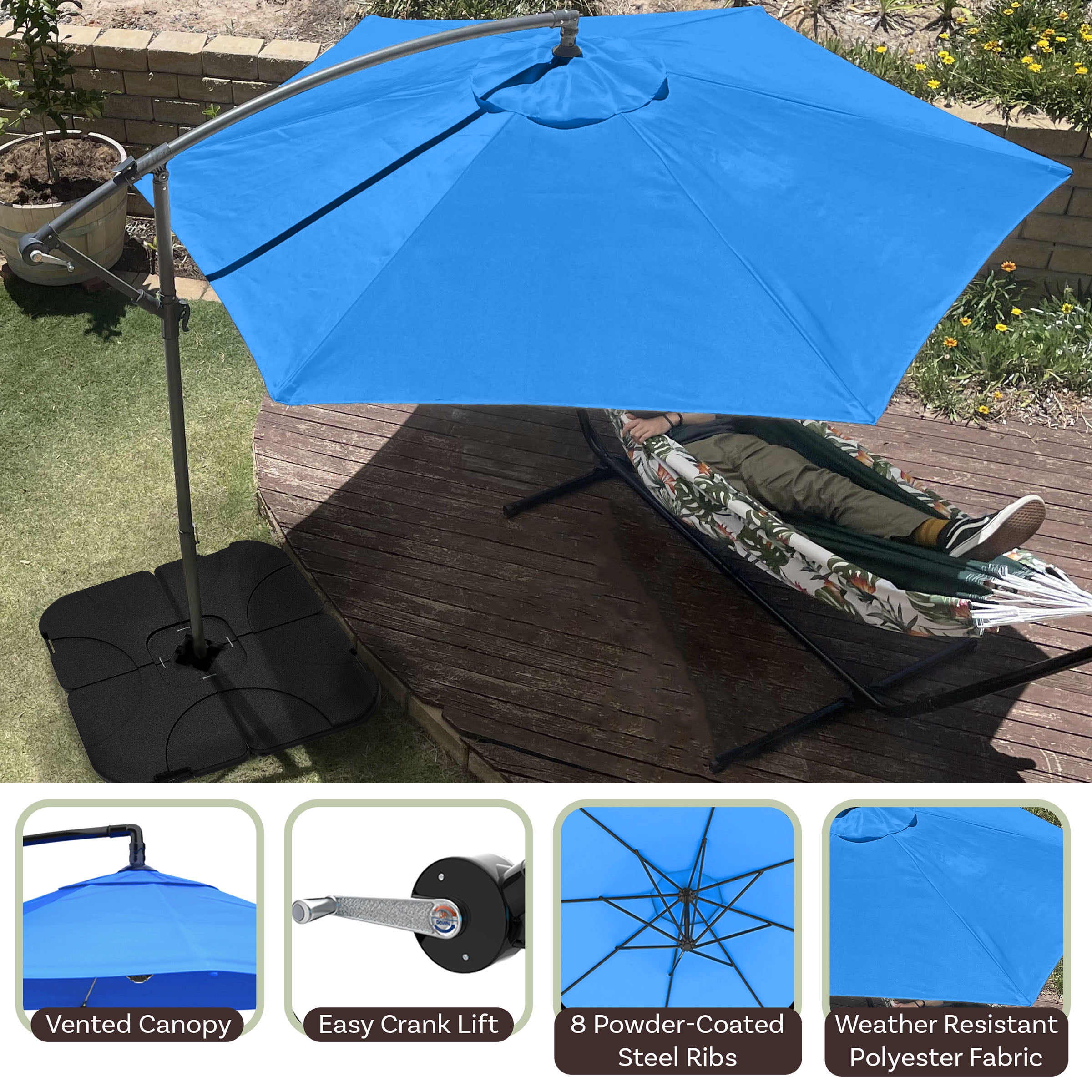 Pure Garden 10-Foot Offset Patio Umbrella with Crank and Base (Blue)