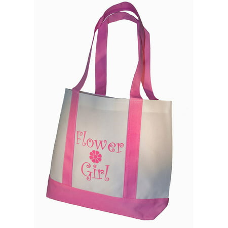 Yacanna - Flower Girl Tote Bag White with Pink Straps Large Wedding Flower Girl Gifts - 0