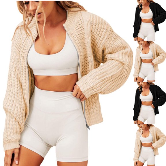 Lovskoo Cardigan Sweaters for Women Zippered Round Neck Loose Knit Cardigan Long Sleeve Jacket Sweater Jacket Black
