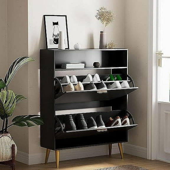 Shoe Cabinet Entryway Slim, Black Shoe Cabinet with 2 Flip Doors and Shelf, Shoe Storage Cabinet with Gold Handles, Freestanding Shoe Organizer for Hallway, Bedroom, Apartment