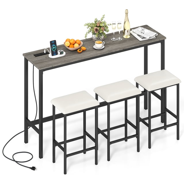 Gymax 4PCS Counter Height Bar Table w/Power Outlet 3 Padded Stools for Breakfast Nook