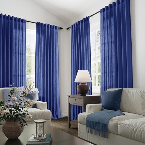 Classic Blue Linen Semi Sheer Curtains 84 Inches Length Light Filtering Neutral Farmhouse Boho Rod Pocket Back Tab Hook Belt Clip Rings Window Drapes for Bedroom Living Room 2 Panels 52x84