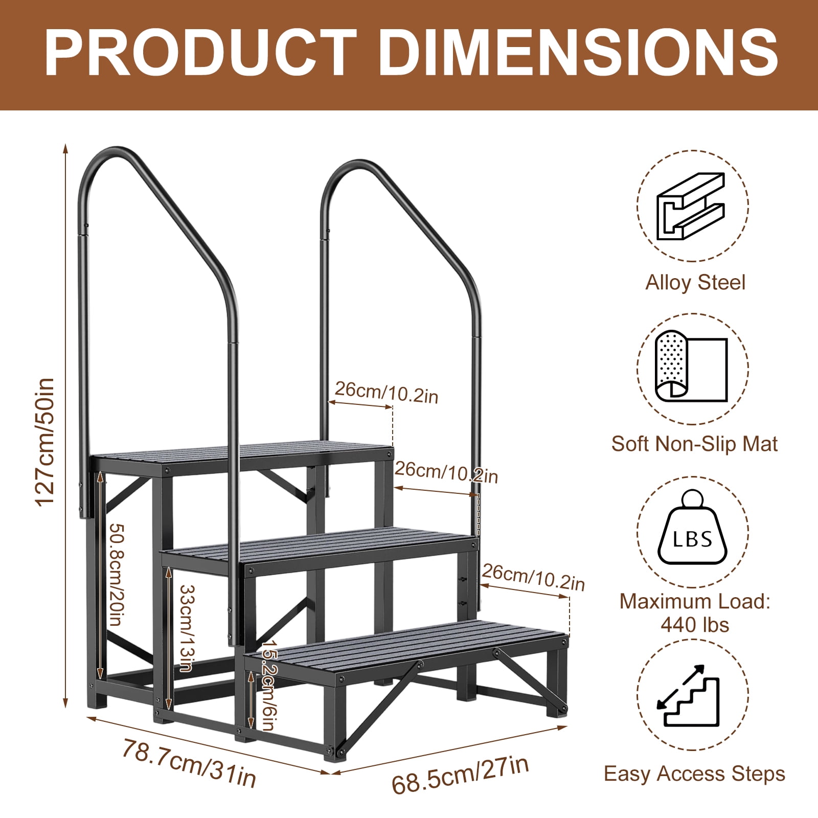 Portable 3-Step Staircase with Safety Railings - 440 lbs Weight Capacity Spa Steps for Outdoor Hot Tubs, Campers & Pet-Friendly Entry