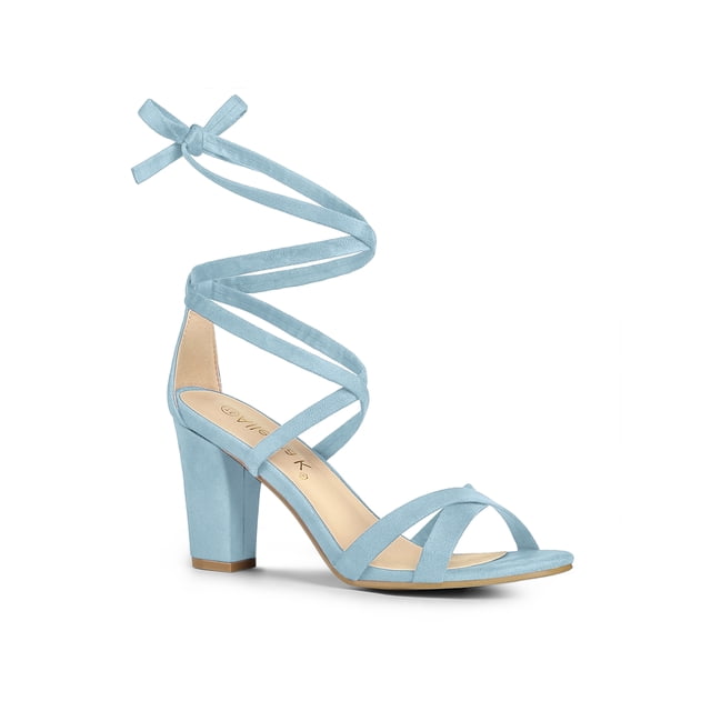BLISSFUL STEP Women's Open Toe Lace-Up High Block Heeled Sandals Sky Blue (Size 9)