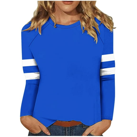 miqiqism Trendy Striped Printed Tops for Women Casual Pullover Tunic Cotton Blouses Juniors Comfy Long Sleeves Crew Neck Sweatshirts Women's Raglan Clothes,Blue,Large