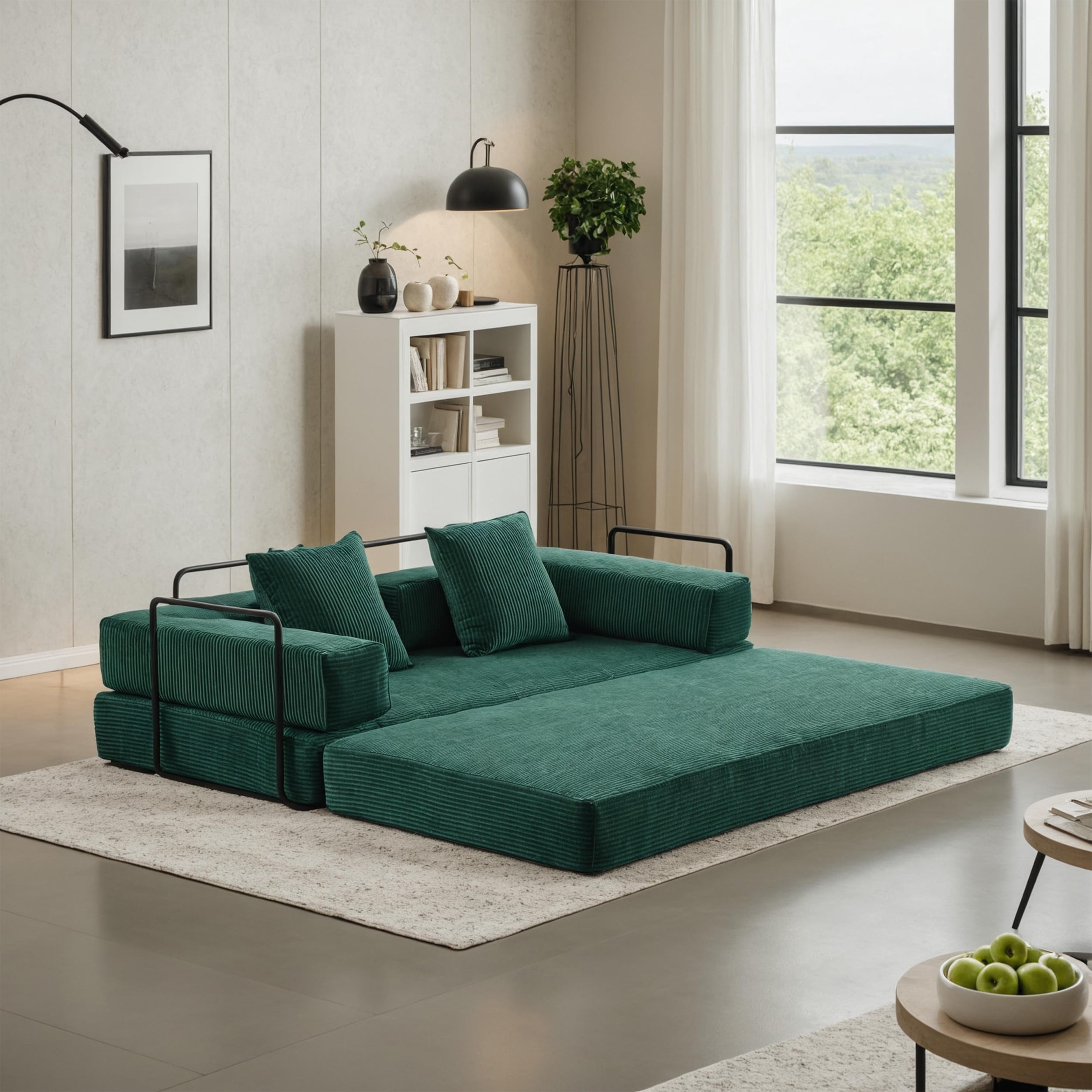 Convertible Couch Sofa Bed Foldable Floor Sleeper | Modern Fold Out Couch | Removable Backrest & Armrests | No Assembly Compression Sofa Sleeper for Living Room, Bedroom | Corduroy Fabric Green