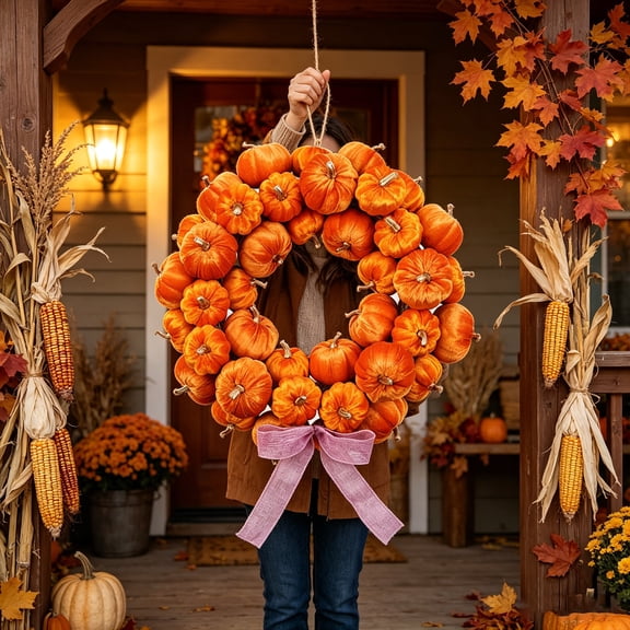 Cadancy Artificial Pumpkin Wreath Fall Harvest Front Door Hanging Bow Knot Thanksgiving Halloween Seasonal Home Decoration Outdoor Indoor Autumn Farmhouse Porch Wall Decor