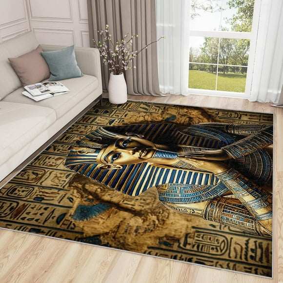 Egyptian Rugs for Living Room - 4x6 Rug, Pharaoh Rug - Home Decor, Ancient Egypt Area Rug, King Tutankhamun Washable Rugs for Living Room Bedroom, Luxury Egyptian Art Carpet, Egyptian Gifts for Men