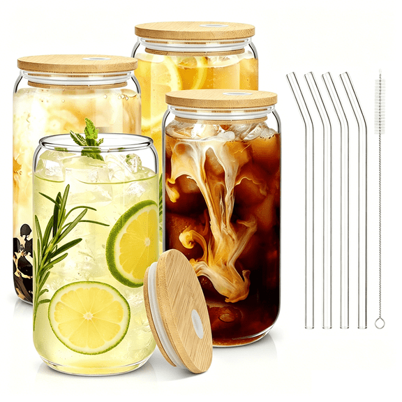 4PCS Iced Coffee Cups 470ml/16oz, Mason Jars Glass Cups, Boba Cups With Lids and Straws, Reusable Wide Mouth Smoothie Cups,Travel Glass Drinking Jars with Cleaning Brushes