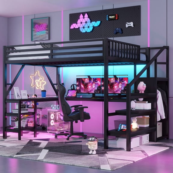 Queen Size Metal Loft Bed with Wardrobe, L-Shaped Desk, USB and LED Light, Space-Saving Bed Frame for Kids, Teens and Adults