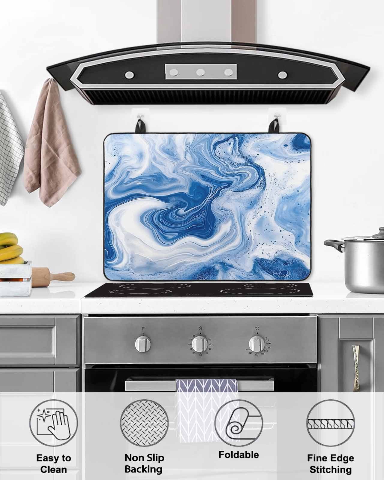 nqOlkjepod Large Induction Cooktop Protector Mat 24"x21", Marble Blue Stove Top Covers for Electric Stove, Ceramic Style Grunge Scratches Watercolor Stove Burner Cover Mats, Glass Top Stove Cover