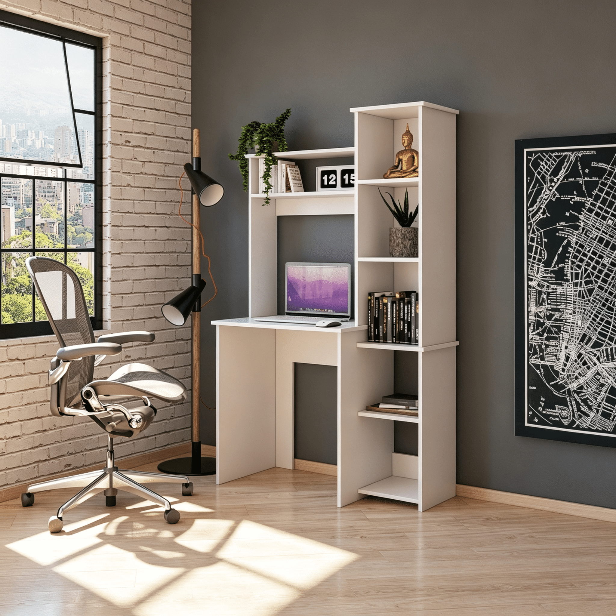 Asteroutdoor Aramis Desk with Hutch and Side Bookcase, Light Gray, 38.7 in Wide, Five Open Shelves, Two Hutch Shelves, Space-Saving Home Office Desk