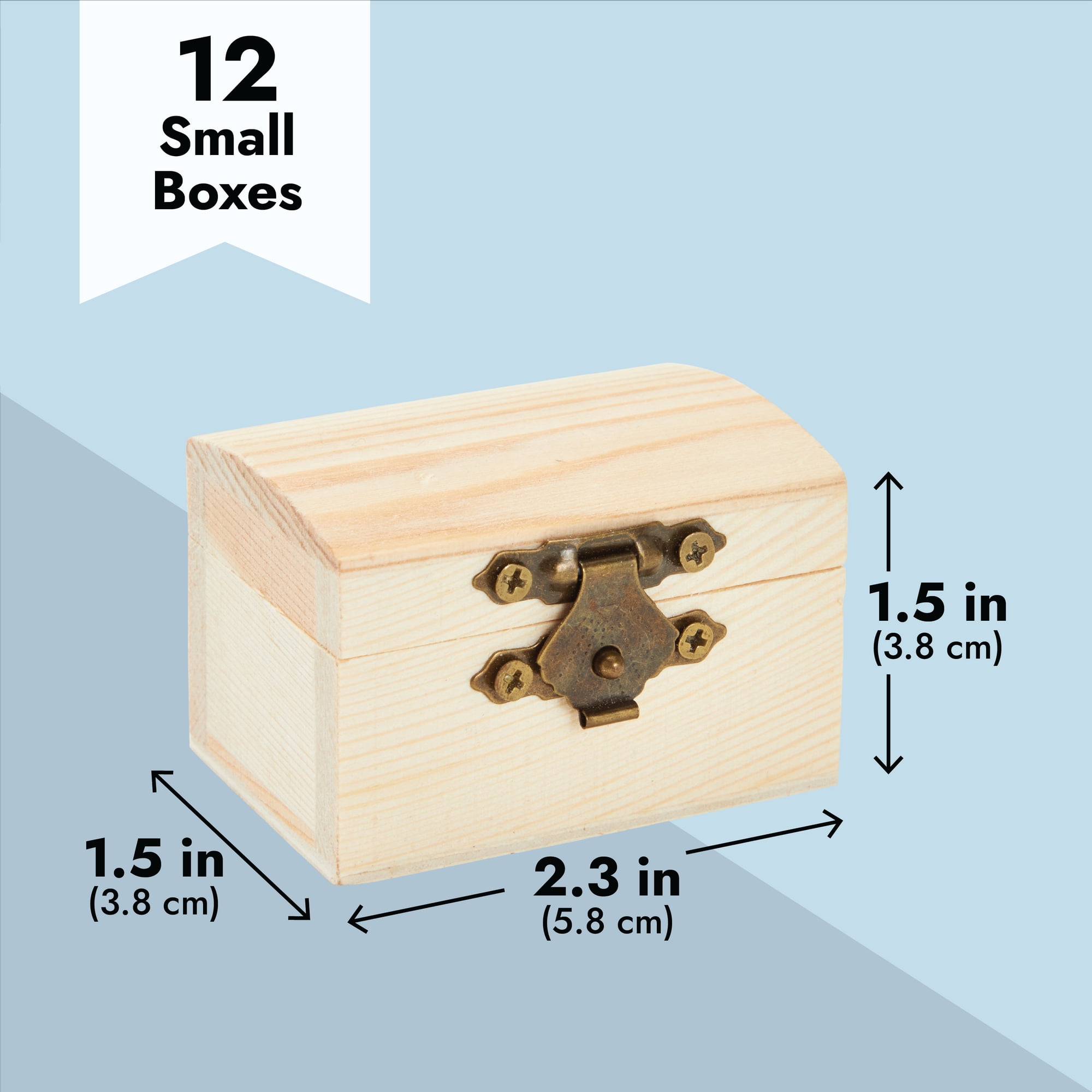 Juvale 12-Pack Small Wooden Boxes for Crafts, Unfinished Wood Treasure Chest-Style Box with Hinged Lid and Front Clasp, Paintabl