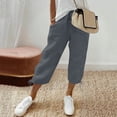 thumbnail image 2 of Women's Cotton Linen Capri Wide Leg Pants Elastic Waist Drawstring Casual Palazzo Trousers with Pockets Dark Gray, 2 of 9
