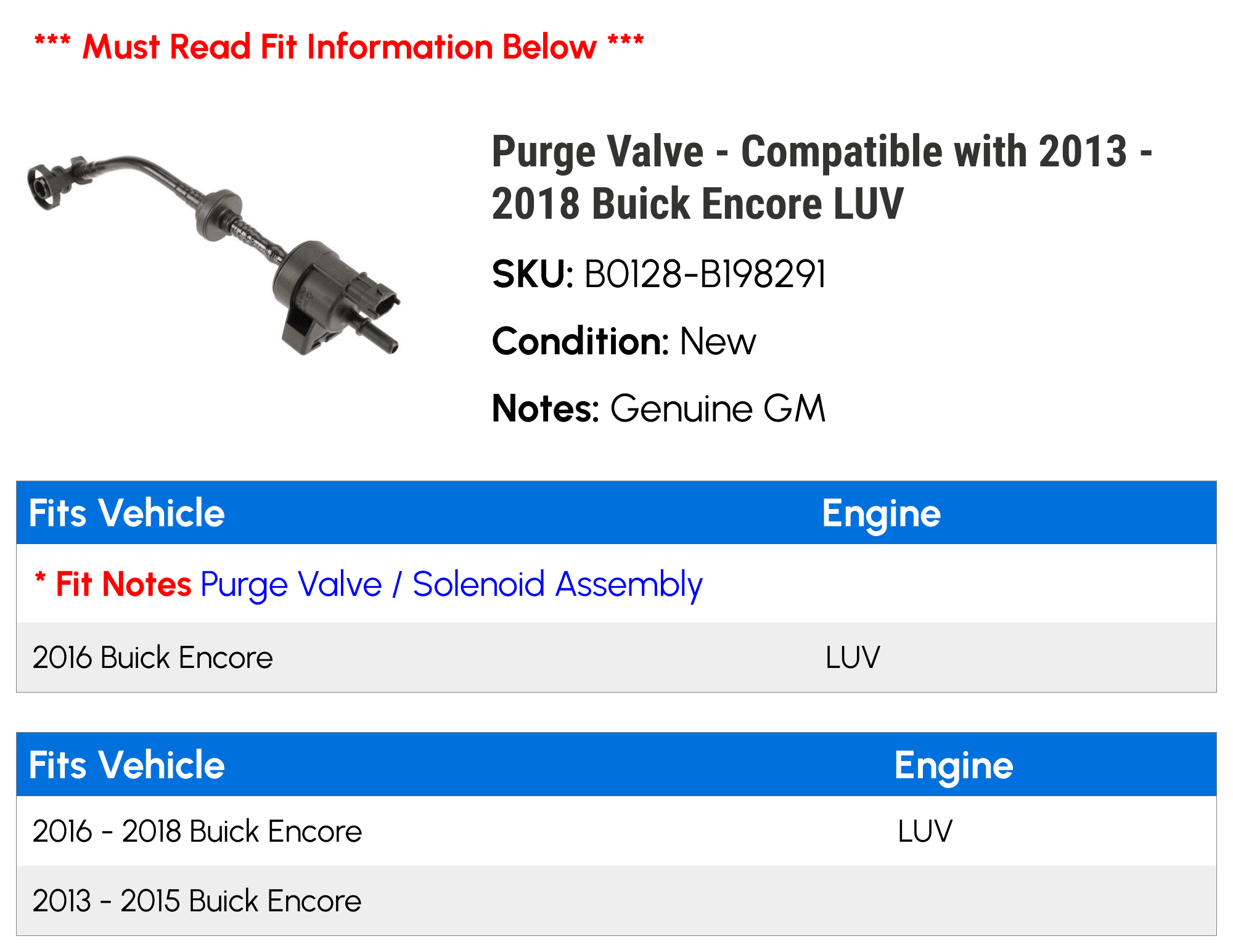 Purge Valve - Compatible with 2013 - 2018 Buick Encore LUV 2014 2015 2016 2017