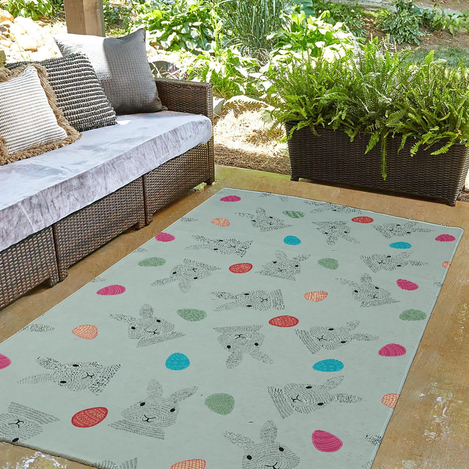 Simply Daisy 3' x 5' Breezeway Green Bunnies and Eggs Easter Chenille Indoor/Outdoor Rug