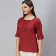 thumbnail image 4 of Janasya Indian Round Neck Half Sleeve Solid Maroon Cotton Slub Top For Women, 4 of 6