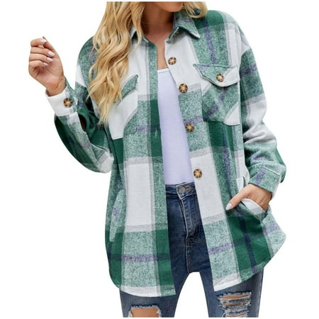 

jsaierl Women s Casual Woolen Plaid Lapel Button Down Shacket Jacket Tartan Shirts Coat Outwear