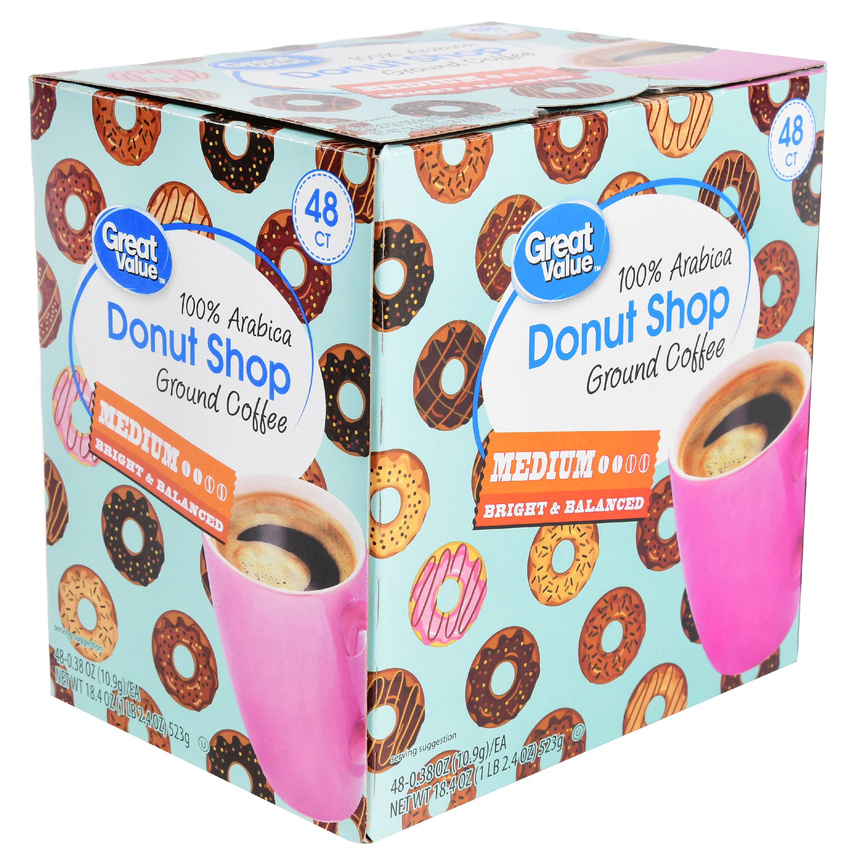 Great Value Donut 100 Arabica Medium Ground Coffee 0 38 Oz Great Value Donut 100 Arabica Medium Ground Coffee 0 38 Oz 48 Count