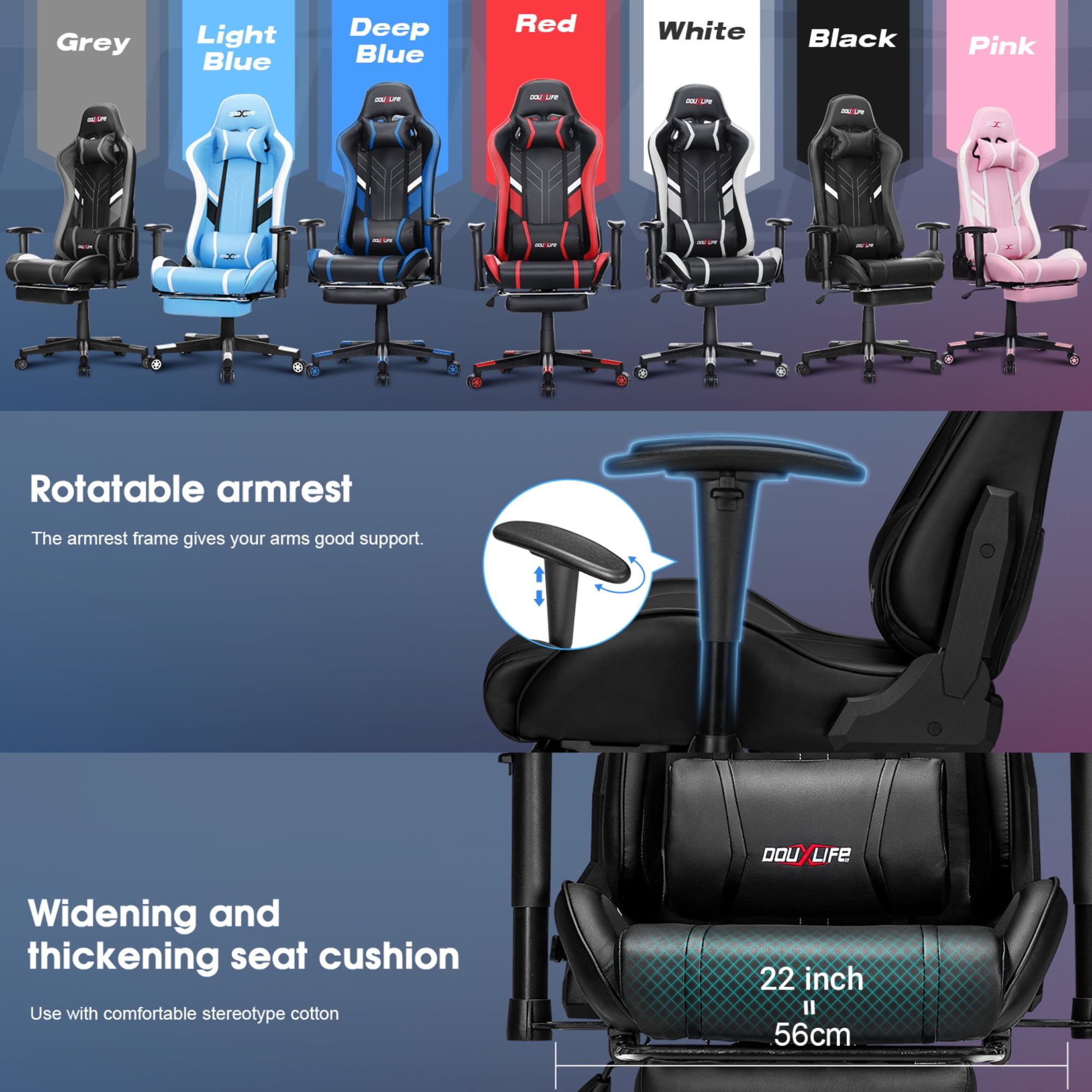 Douxlife 7-Point Massage Gaming Chair with Footrest, 175° Reclining, Ergonomic Racing High Back Home Office Computer Chair, Video Game Chair for Adults Kids