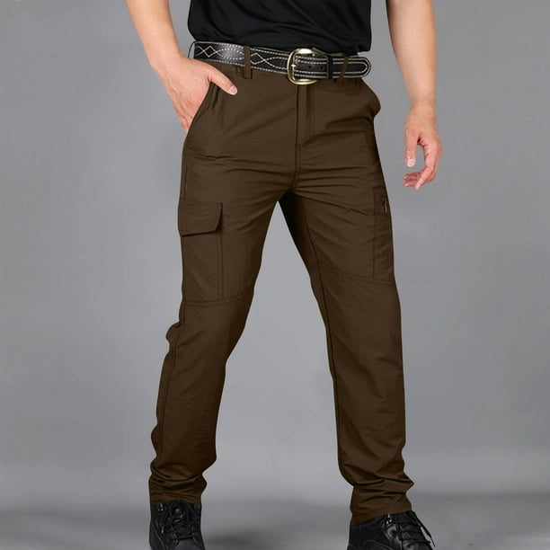 Ceisia Men's Solid Color Nylon Quick-Dry Cargo Pants, Multi-Pocket Waterproof Outdoor Trousers for Men Brown M Gifts