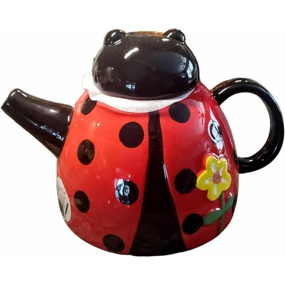 Ceramic Lady Bug Tea Pot with Top Black Red Yellow Green 8 x 6 x 6 1 Quart Teapot Hand Painted, large