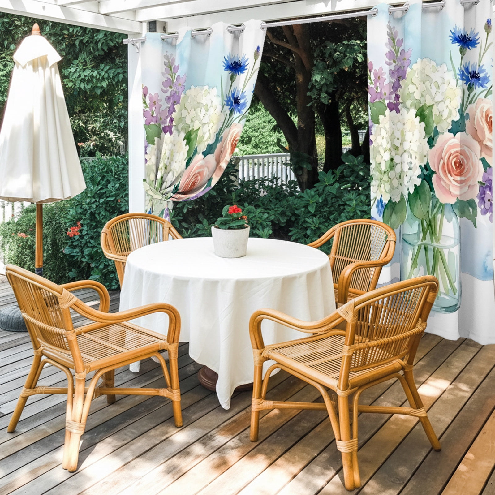 Hydrangea Flowers Lavender Rose Outdoor Curtains for Patio, Bouquet Farmhouse Sunshade Privacy Drapes Grommet Waterproof Outside Curtains for Porch/Cabana/Balcony 54"x 108", 1 Panel