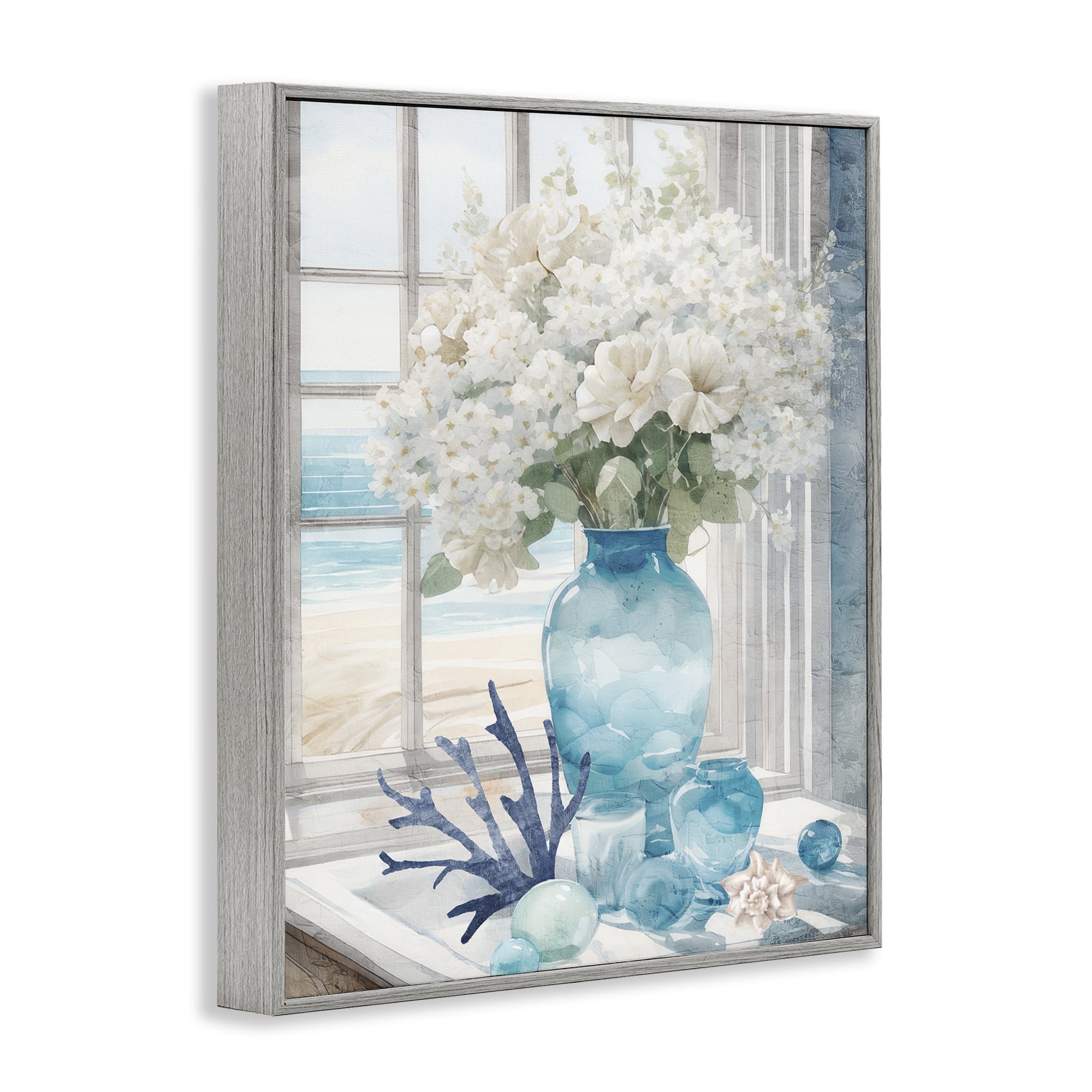 Stupell Industries Coastal Flower Vase Botanical & Floral Painting Gray Framed Art Print Wall Art, 11 x 14