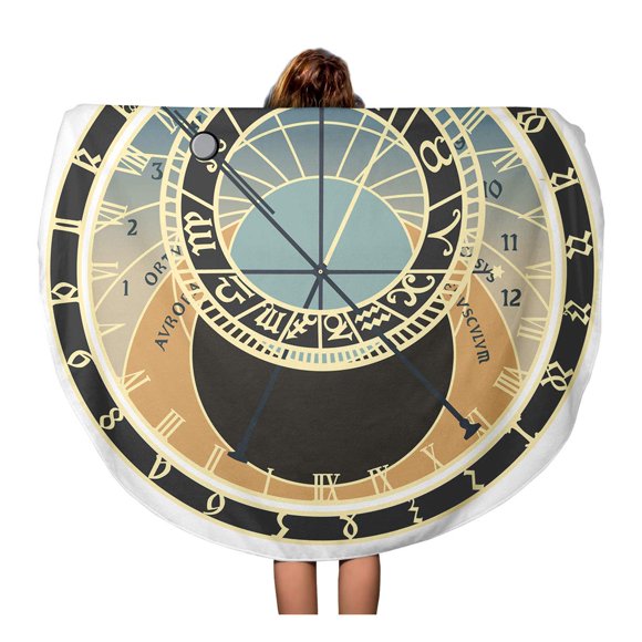 JSDART 60 inch Round Beach Towel Blanket Astrological Prague Astronomical Clock Analogue Ancient Antique Architecture Astrology Travel Circle Circular Towels Mat Tapestry Beach Throw