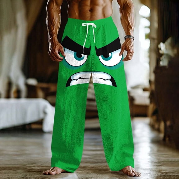 Xdegoge Mens Pants Relaxed Fit Funny Graphic Print Novelty Lounge Elastic Waist Drawstring Bottoms Party Lightweight Comfy Casual Wide Leg Trousers