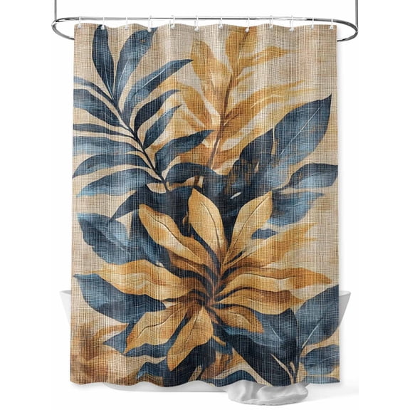 Fsddascl Navy Blue Brown Shower Curtain Set - Small 36" x 72" Washable Bathtub Curtain with 12 Hooks, Tropical Palm Leaves Vintage Waterproof Fabric Stall Shower Curtains for Bathroom/Bathtub Décor