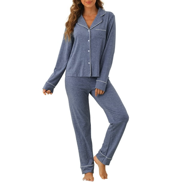 INSPIRAR CHIC Conjunto de Pijamas para Mujeres de Manga Larga con Botones y Pantalones, Juego de Pijamas a Juego de Dos Piezas para Navidad, XL Azul Oscuro