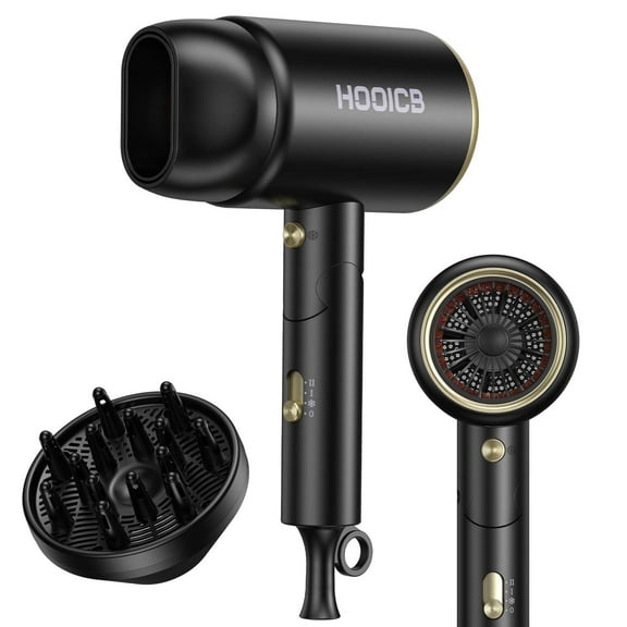 HOOICB Hair Dryer, Professional Ionic Blow Dryer with Diffuser and Concentrator Nozzle, Foldable Design, Fast Drying and Styling, Black